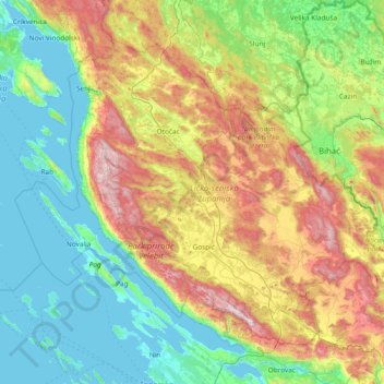 Mappa topografica Gespanschaft Lika-Senj, altitudine, rilievo