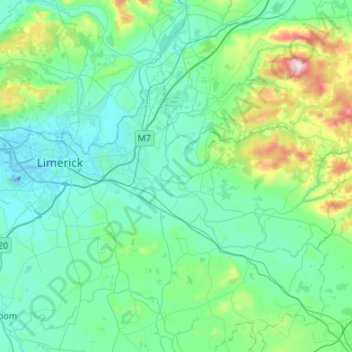 Mappa topografica Limerick City, altitudine, rilievo