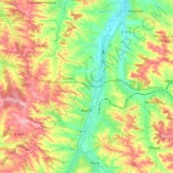 Mappa topografica Auch, altitudine, rilievo