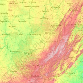 Mappa topografica Virginia Occidentale, altitudine, rilievo