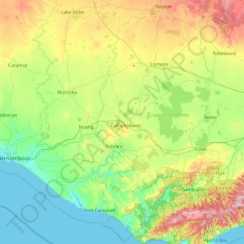 Mappa topografica Shire of Corangamite, altitudine, rilievo