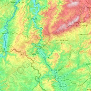 Mappa topografica Landkreis Merzig-Wadern, altitudine, rilievo