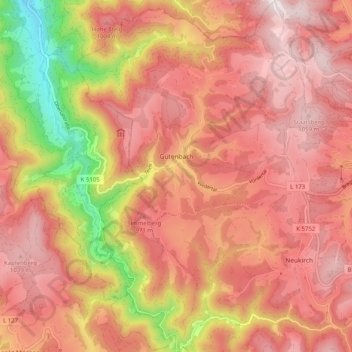 Mappa topografica Gütenbach, altitudine, rilievo