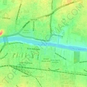 Mappa topografica Mula-Mutha River, altitudine, rilievo