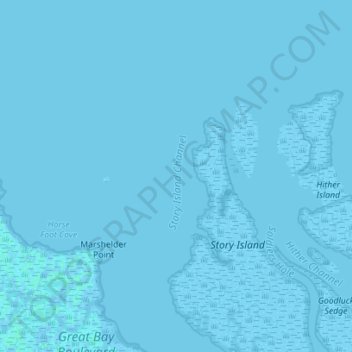 Mappa topografica Story Island Channel, altitudine, rilievo