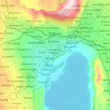 Mappa topografica Nakuru, altitudine, rilievo