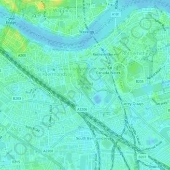 Mappa topografica Southwark Park, altitudine, rilievo