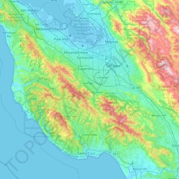 Mappa topografica Santa Cruz Mountains, altitudine, rilievo