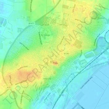 Mappa topografica Ely, altitudine, rilievo