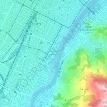 Mappa topografica Parco del Valentino, altitudine, rilievo