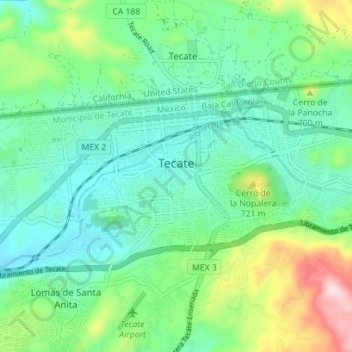 Mappa topografica Tecate, altitudine, rilievo