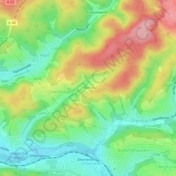 Mappa topografica Monsau, altitudine, rilievo
