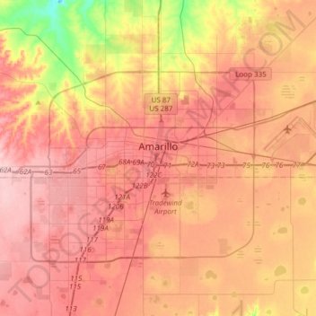 Mappa topografica Amarillo, altitudine, rilievo