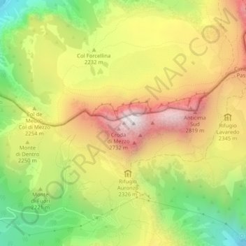 Mappa topografica Tre Cime di Lavaredo, altitudine, rilievo