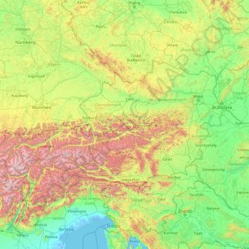 Mappa topografica Austria, altitudine, rilievo
